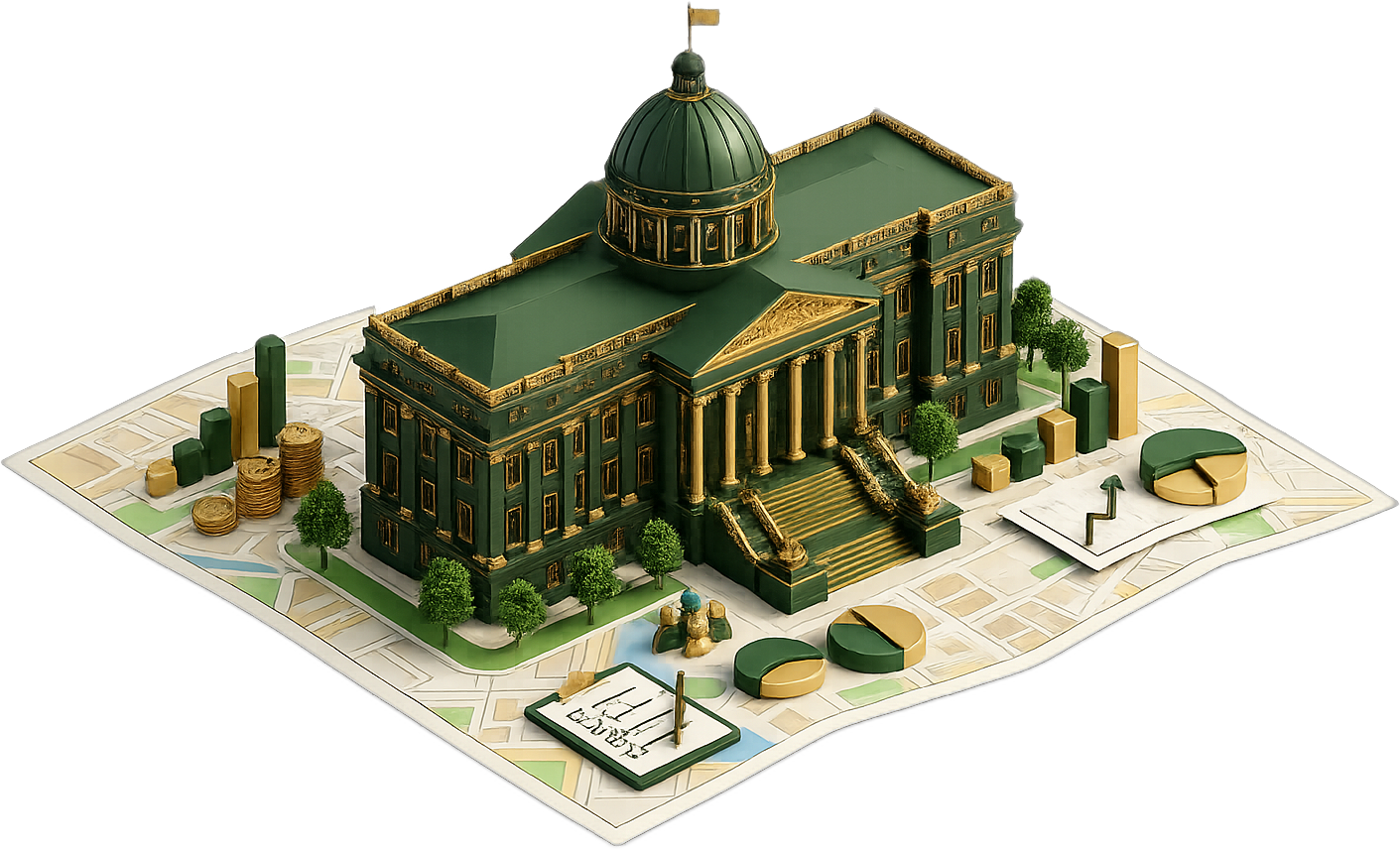 Prefeito 360 — maquete 3D de uma prefeitura com gráficos, moedas e checklist